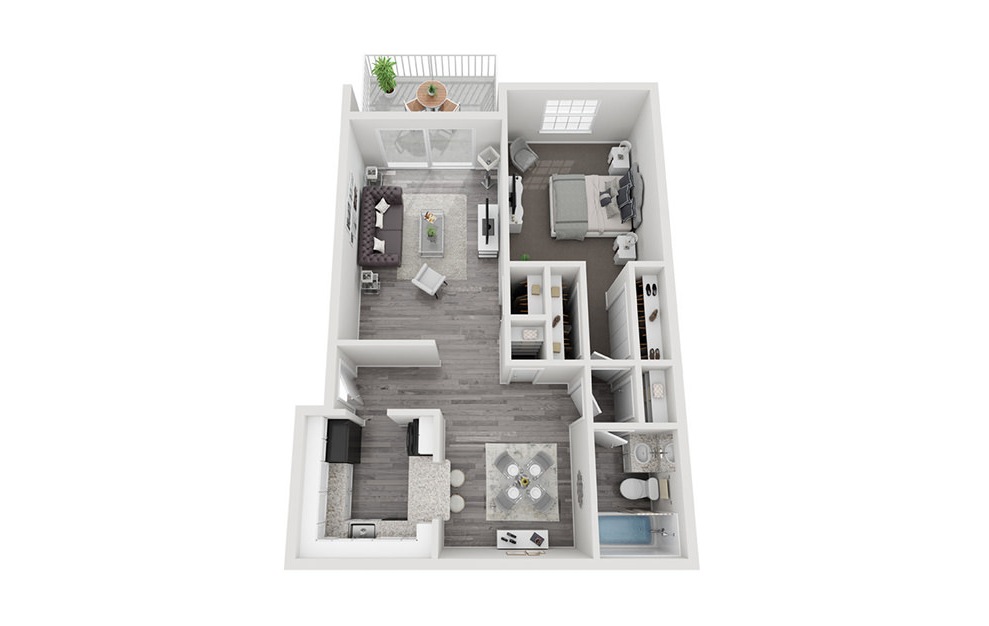 A1 - 1 bedroom floorplan layout with 1 bath and 728 square feet.