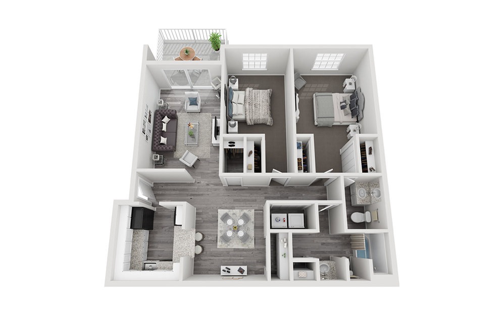 B1 - 2 bedroom floorplan layout with 1.5 bathroom and 1058 square feet