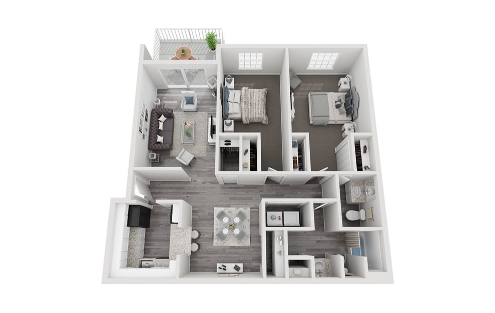 B1 - 2 bedroom floorplan layout with 1.5 bath and 1058 square feet.